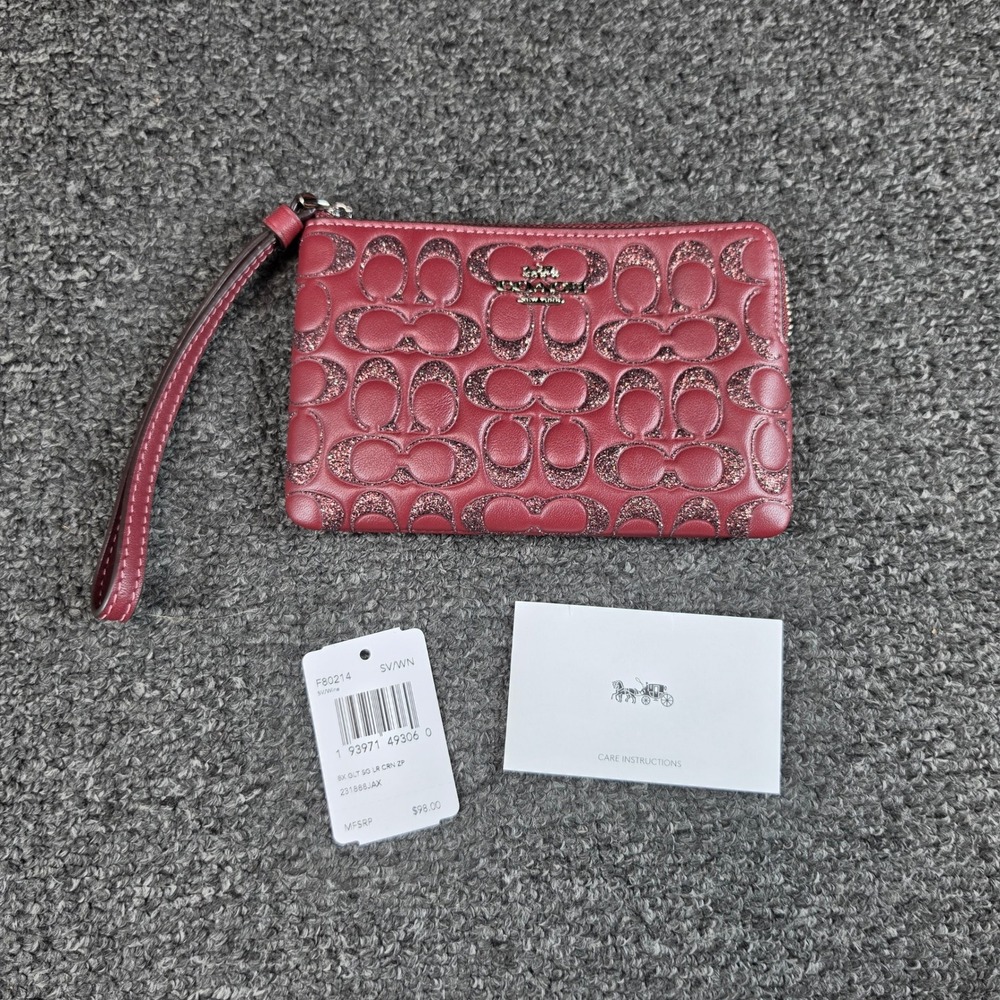 Coach Box Corner Glitter Wristlet Wine Signature Debossed Glitter Leather NEW
